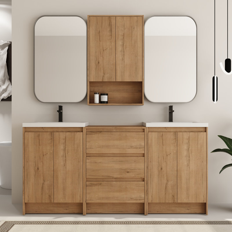 Ensemble de meuble-lavabo double autoportant 72 po avec comptoir en résine et armoire murale 24 po Bellmead, 72"
