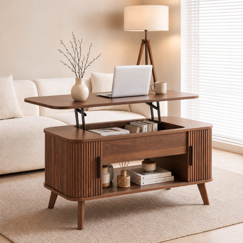 Table basse rectangulaire à plateau relevable avec rangement dissimulé et tablette ouverte, table basse avec portes coulissantes cannelées
