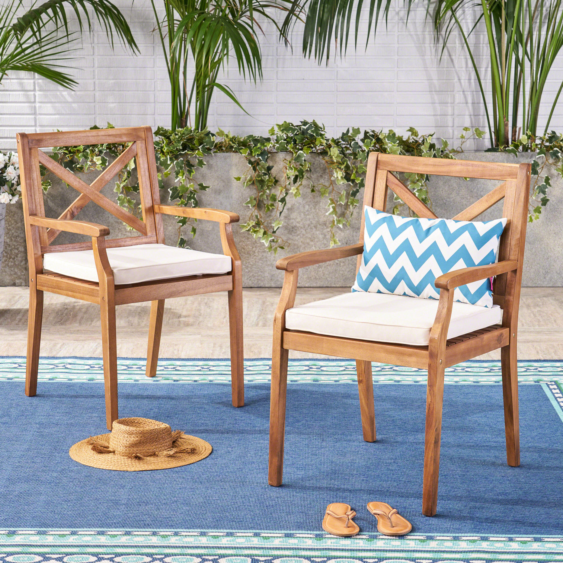 One Allium Way 2Pcs Dining Chairs With Blue Cushions For Backyard ...