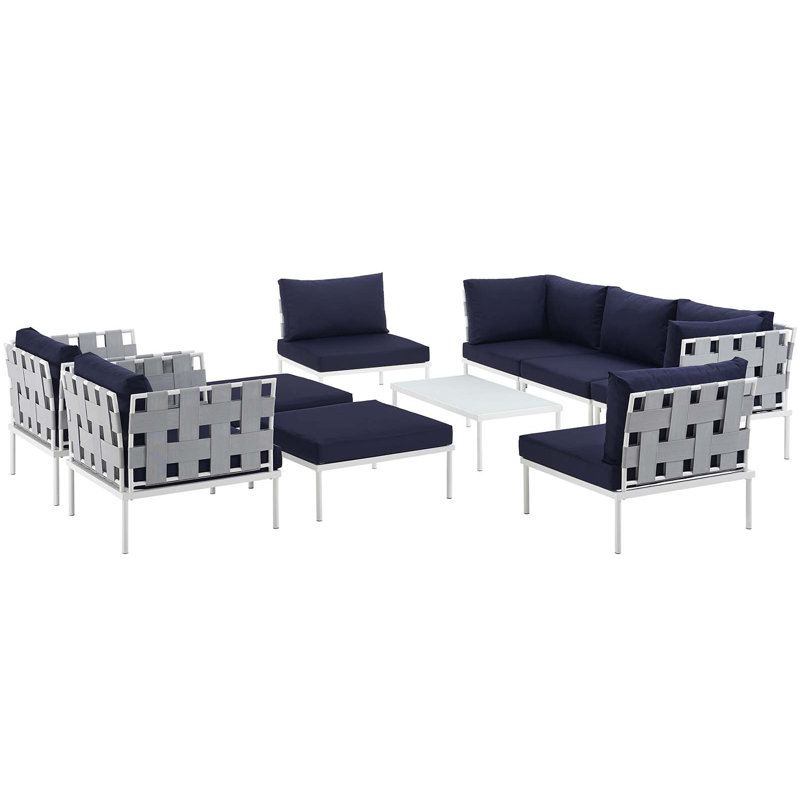Modway Harmony 10 Piece Outdoor Patio Aluminum Sectional Sofa Set, Navy