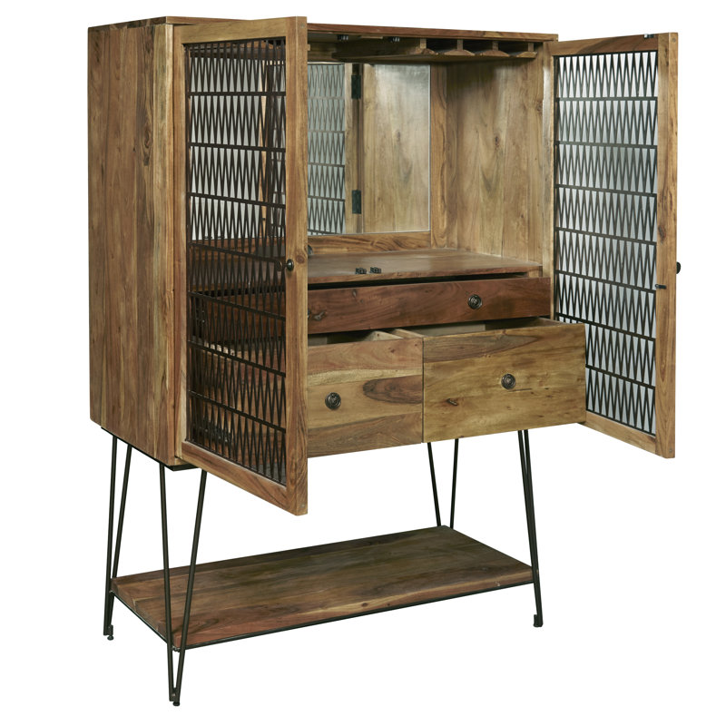 Rich Brown Mango Veneer 2-Door Bar Cabinet with Storage Drawers