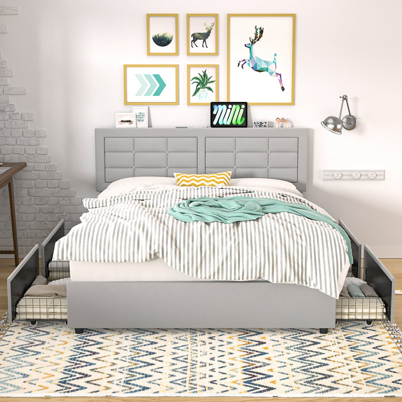 Structure de lit tapissier avec ports de charge Kempst, lit plateforme avec 4 tiroirs de rangement, Double, Beige