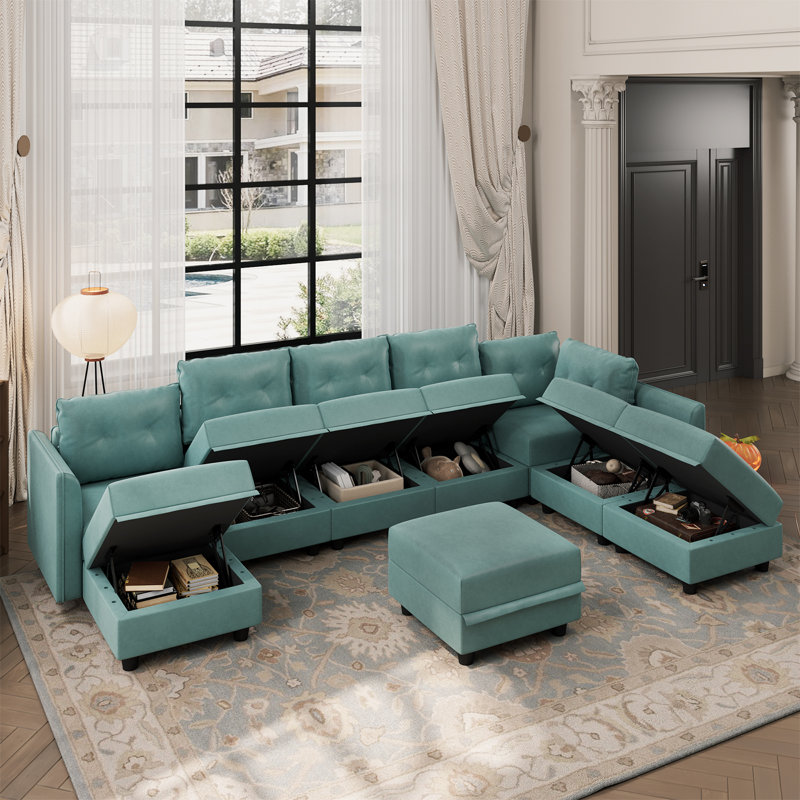 Zendajas 9 - Piece Upholstered Sectional Reversible Modular Corner Sectional with Ottoman, Green Polyester Blend