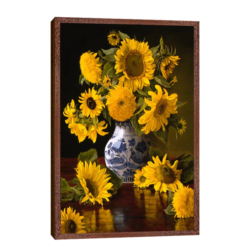 Sunflowers In Blue And White Chinese Vase by Christopher Pierce - Painting on Canvas, 66.04 cm H x 45.72 cm W, Brown Framed