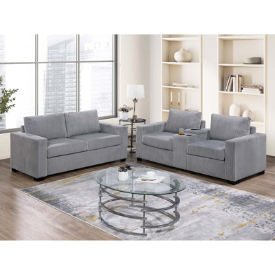 Large velours côtelé gris 2, avec porte-gobelets et station de charge, accoudoirs carrés gris contemporain, console, velours côtelé, pour les espaces de vie modernes