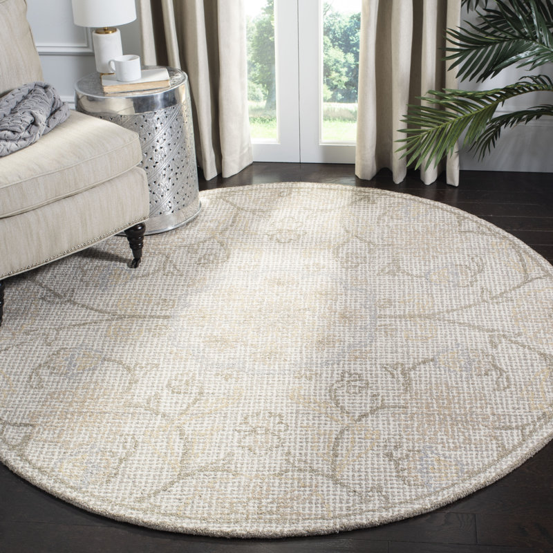 Tapis gris clair / ivoire en laine touffeté à la main à motif floral Sulema, Rond 6 pi