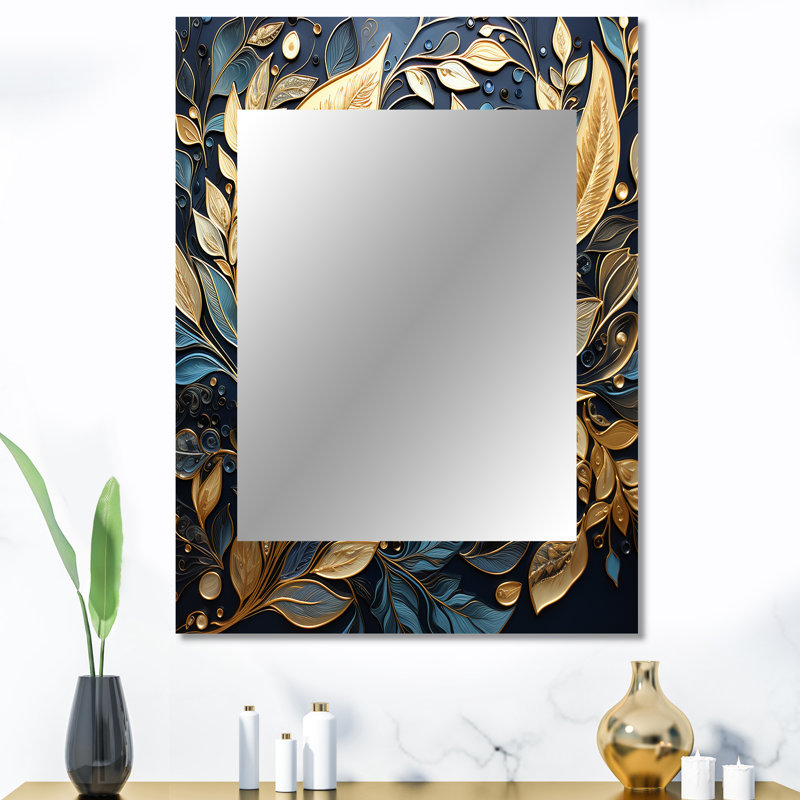 «Black and Gold Leaf Charm In Winter II - Leaves Unique Wall Mirror», miroir traditionnel, impression sur métal