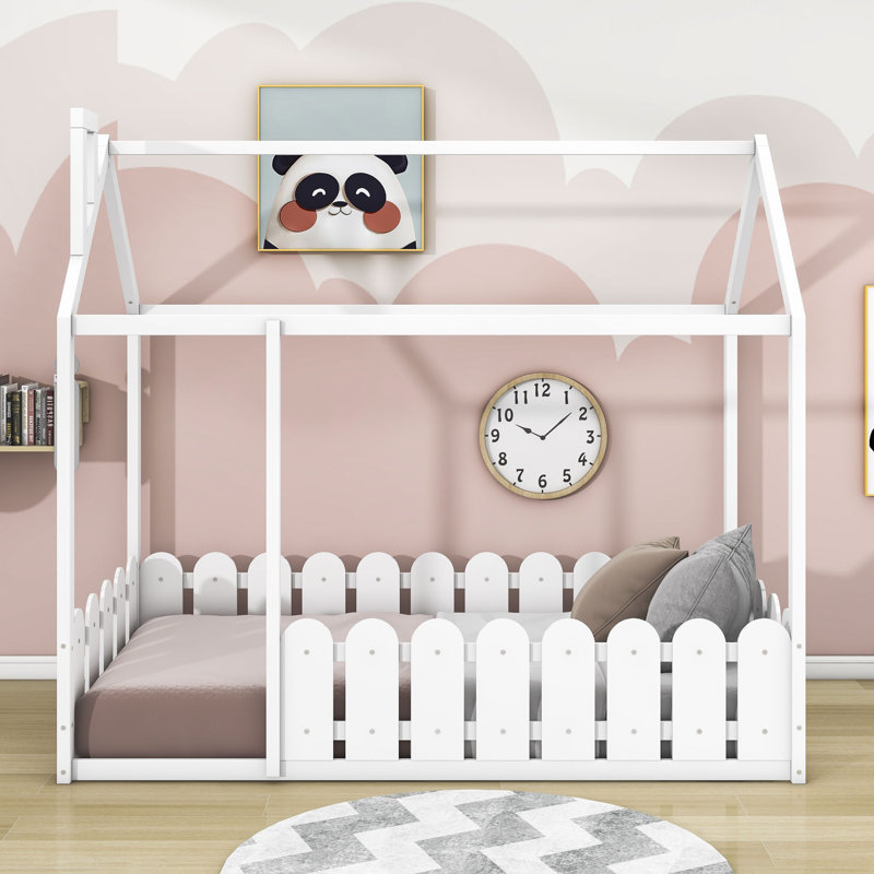 Cahaba Wood Bed,House Bed Frame with Fence, White, Twin
