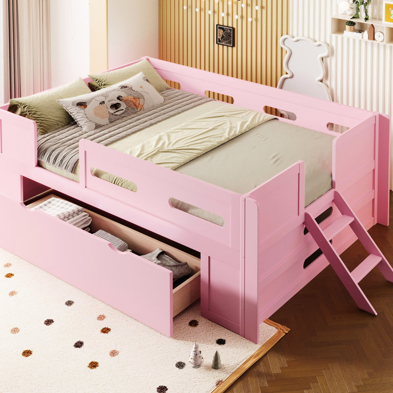 Lit plateforme rose en bois pleine grandeur avec tiroir de rangement et garde-corps, structure en pin +, garde-corps à assemblage simple, clôture semi-fermée, rangement multiple, fabrication, aucun sommier tapissier requis,