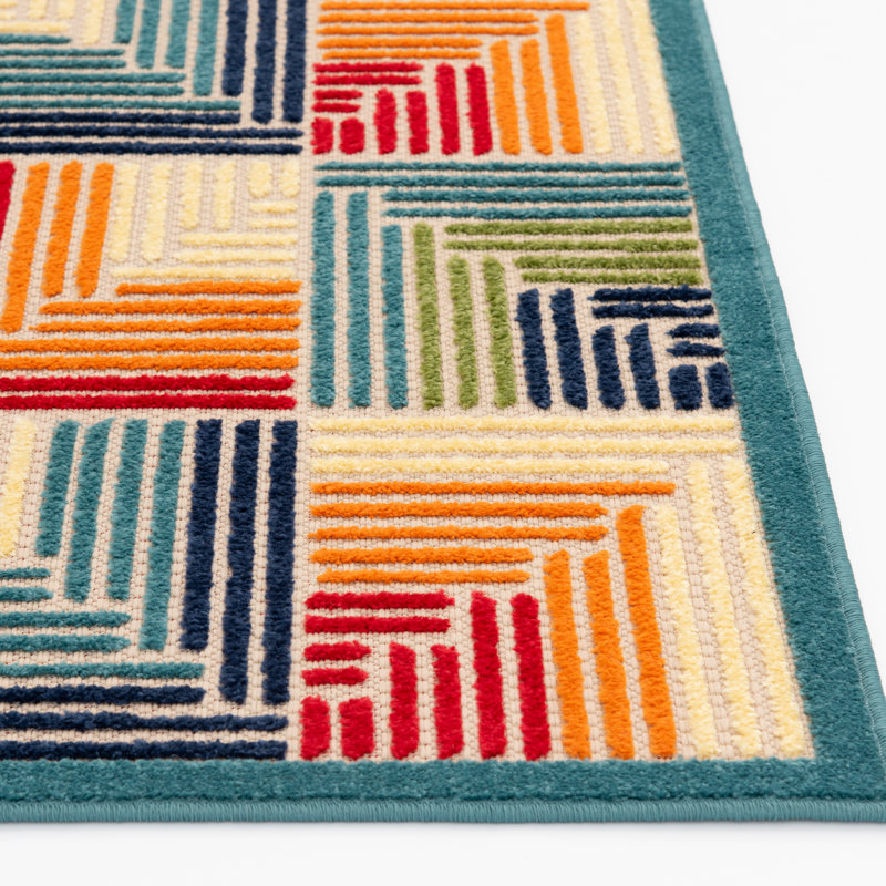 Tapis d'intérieur / extérieur bleu / rouge / orange tissé à la machine à motif géométrique Alkhoury