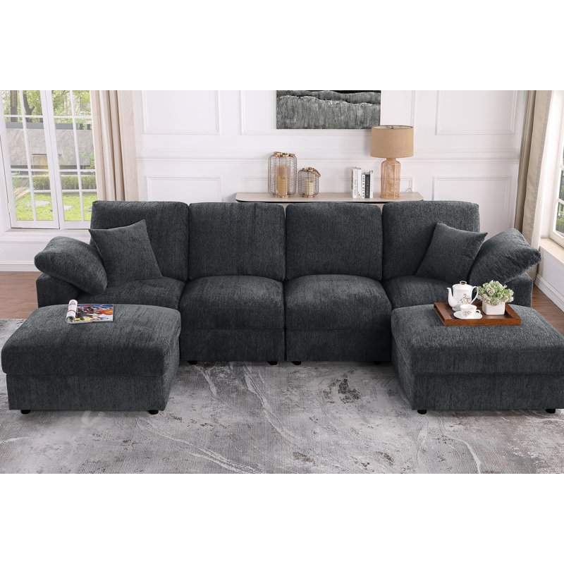 Sectional Sofa With 2 Ottomans, Dark Gray