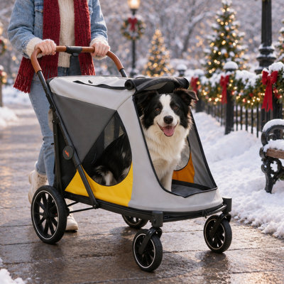 Large Dog Stroller, One-Touch Open & Fold Pet Stroller for Dogs Up to 92.6 lbs, Spacious Panoramic Cabin, Dual Entry, 360° Front Wheels & Rear Brake
