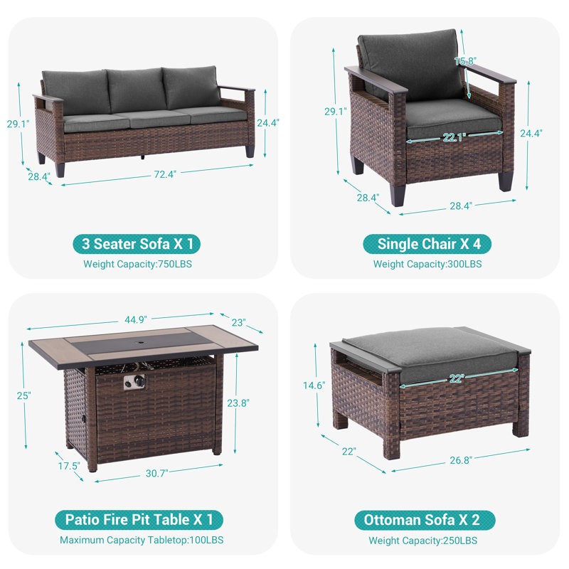 8 Piece Patio Sofa with Rectangle Fire Pit Table and Ottomans, Black Gray