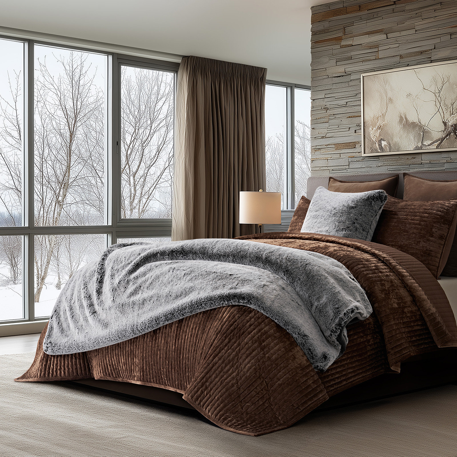 Chinchilla Faux Fur Throw Blanket, 60" L x 50" W, Onyx Mink