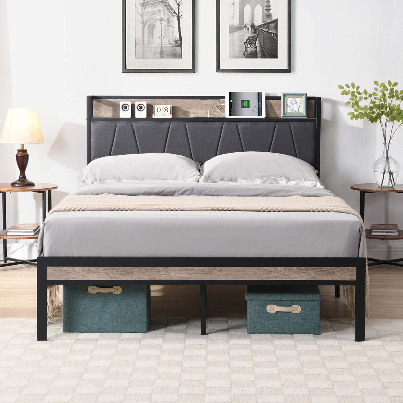 Structure de lit plateforme en métal avec tête de lit avec fonction de rangement et USB, Queen