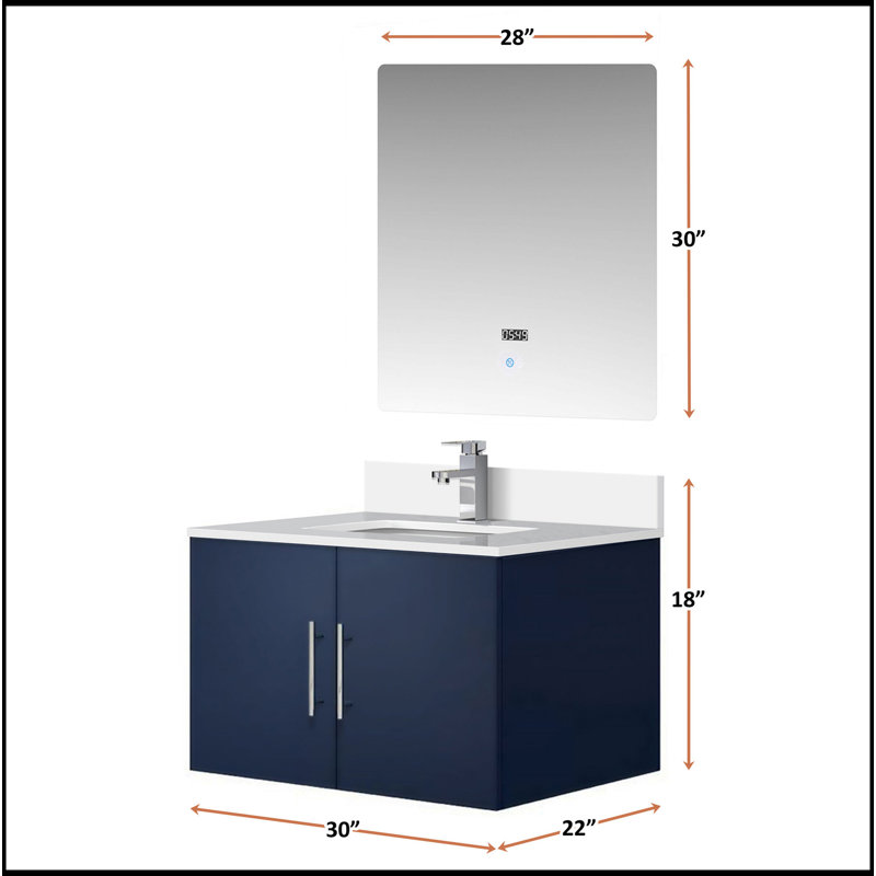 Meuble-lavabo bleu marine 30 po X P 22 po D, comptoir en quartz blanc, ensemble de robinet et Miroir à DEL, Marine