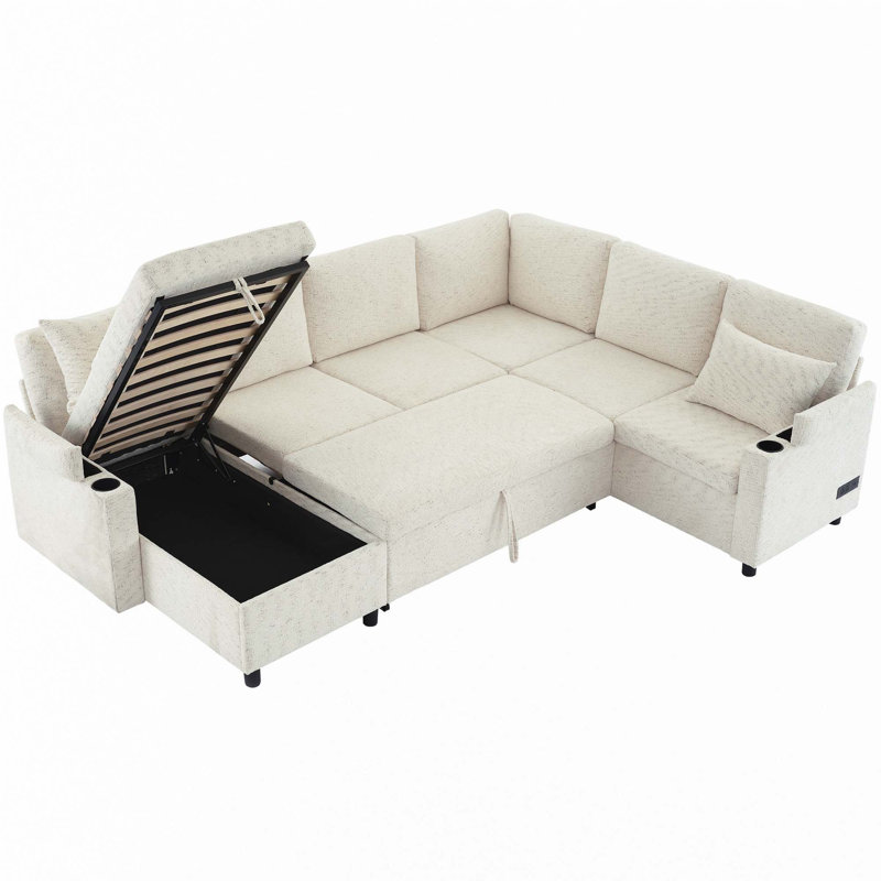 109.9" Sectional Sofa Versatile Sofa Bed, Beige Chenille