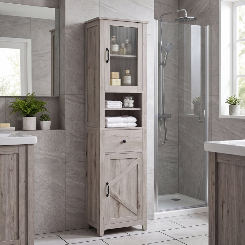 Armoire de salle de bain haute, meuble de rangement de style champêtre avec portes réversibles, Gris