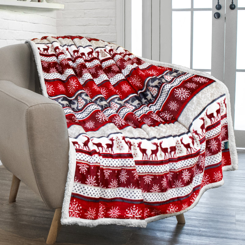 Holiday Reindeer Red and White Sherpa Fleece Reversible Throw Blanket