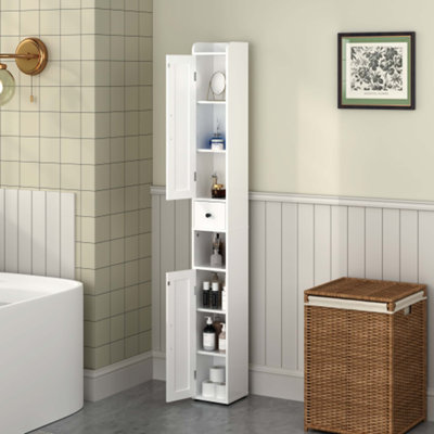 Armoire de salle de bain murale avec orientation de porte réglable, conception verticale compacte, porte-papier hygiénique intégré et petit tiroir de rangement pour une utilisation efficace de l'espace.