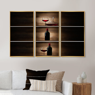 Bouteille verte avec vin rouge et verre - ensemble d'art mural sur toile