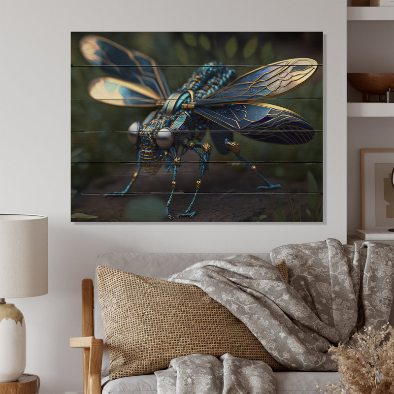 Décoration murale libellule cybernétique en bleu et or II - Libellule animaux, H 12 po x l 20 po x P 1 po, Bois enveloppé