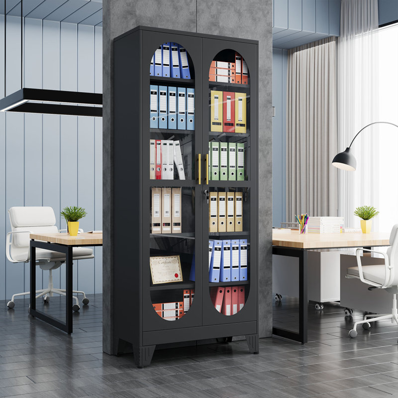 74.8''H Tall Display Storage Cabinet with Glass Doors and 5 Adjustable Shelves, Black