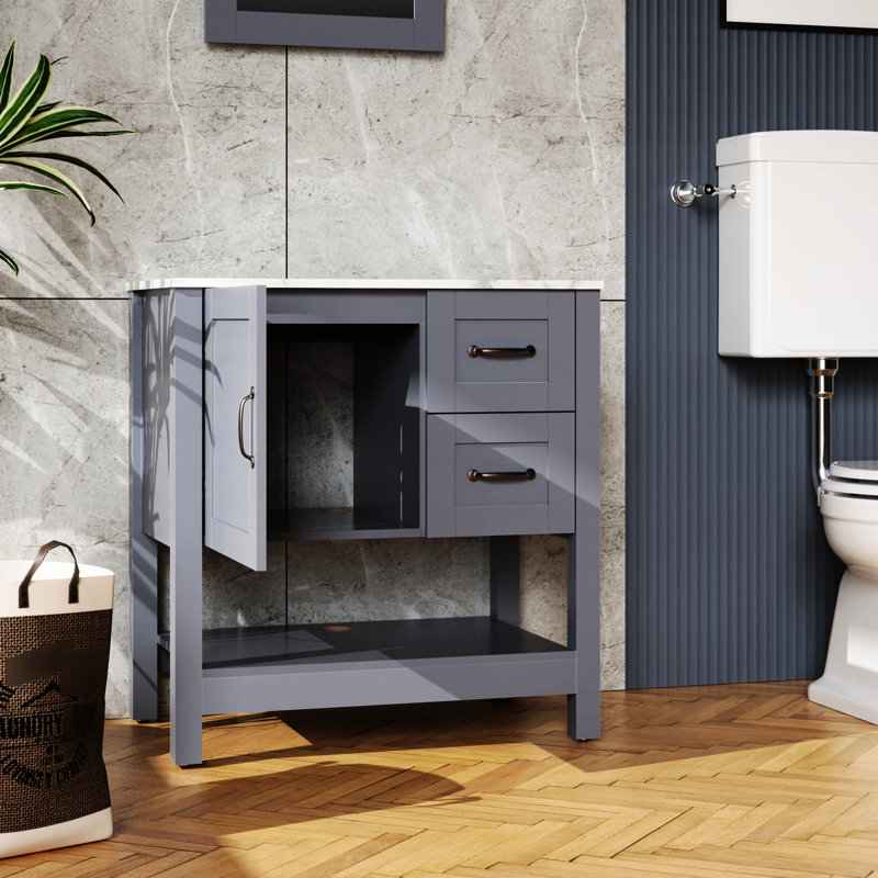 30In Gray Bathroom Vanity - Mirror, Top, Chic Bronze Handle, Scratch, Shatter, Oil Proof, Stain-, Dark Blue Hue Gray, Blue, Stainless Steel Hinge Feature