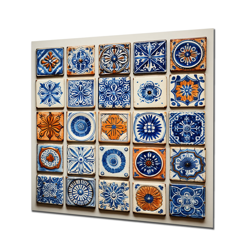 Boho Turkish Blue Tiles 1 - Boho Tiles, art mural en métal, H 29 po x l 29 po