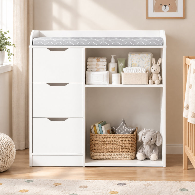 Commode à langer en bois blanc avec 3 tiroirs, table à langer pour chambre de bébé
