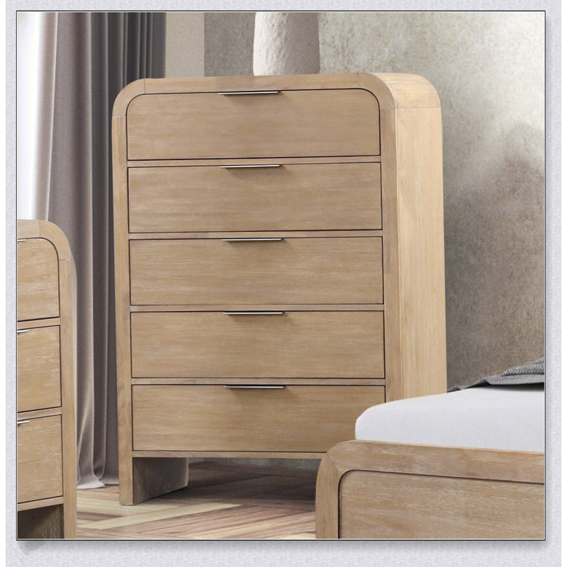 Commode 1 pièce de style transitionnel avec poignées en métal, tiroirs en queue d'aronde et finition naturelle pour le rangement de la chambre à coucher