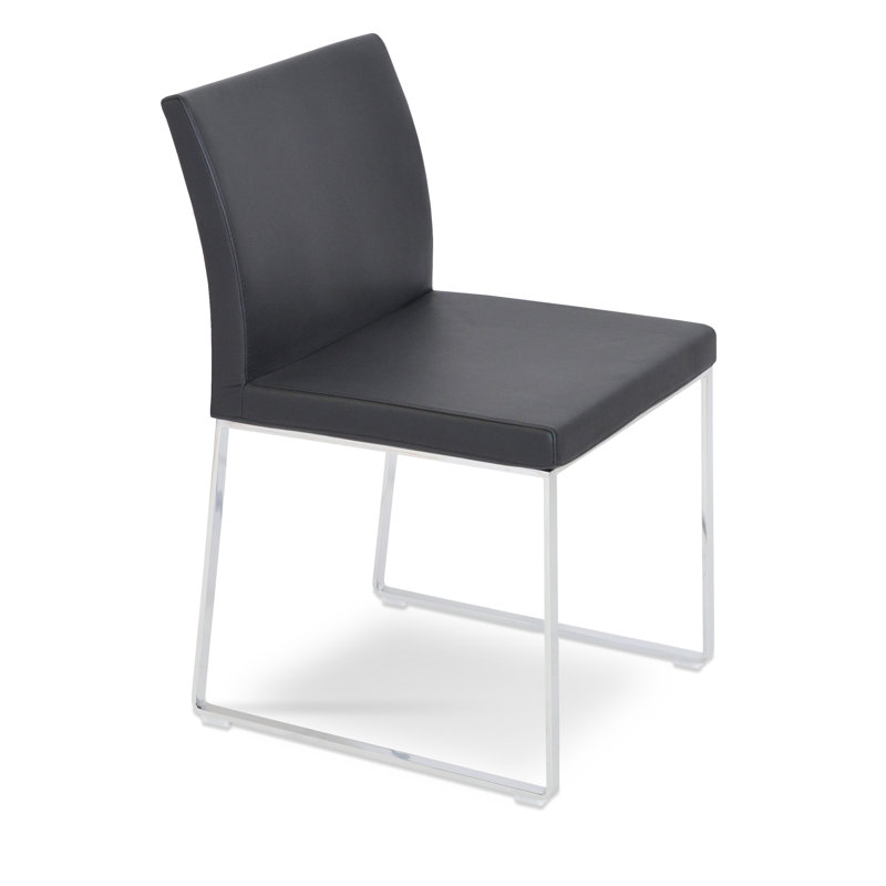 Aria Metal Sled Dining Chair in Black Leather, Chrome