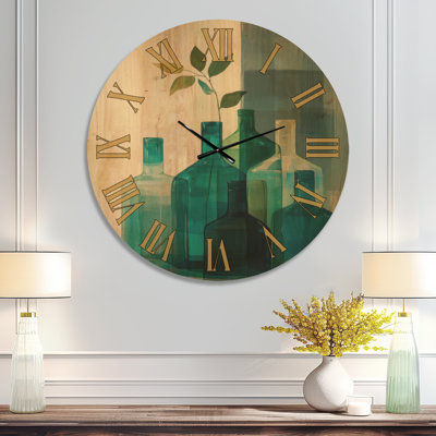 Vases en verre émeraude - Grande horloge murale moderne en bois