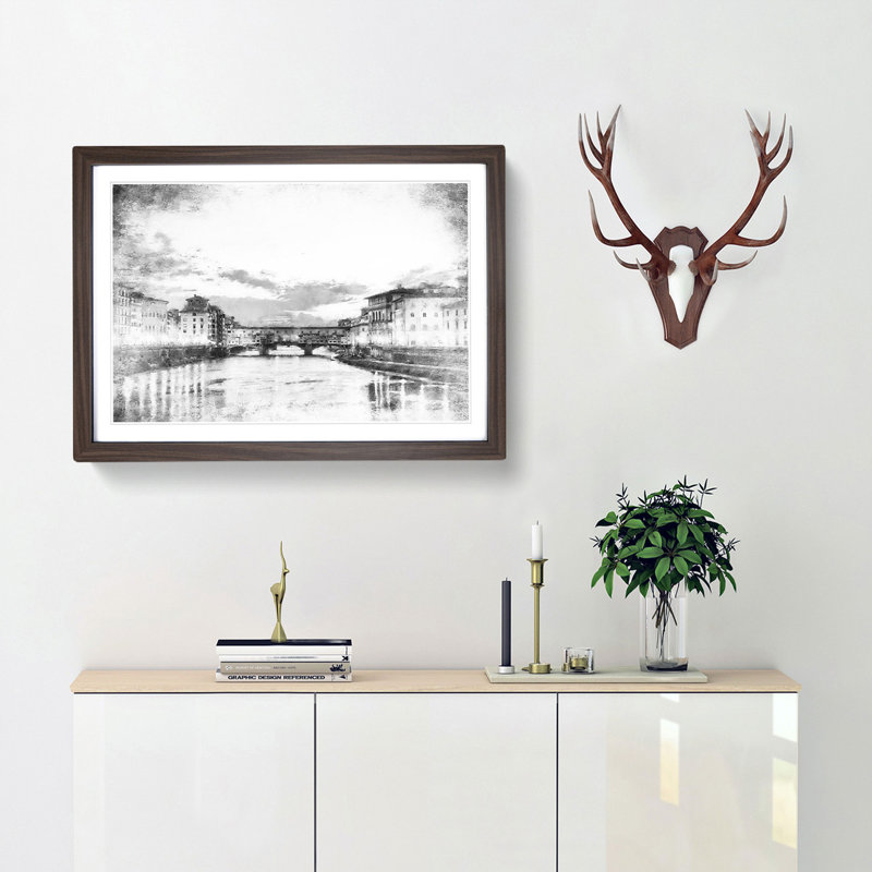 Ponte Vecchio Bridge In Florence Italy - Single Picture Frame Painting on MDF, Walnut Framed, 45cm H x 63cm W x 2cm D