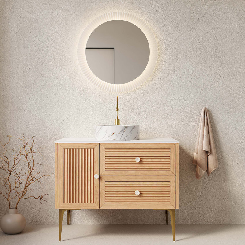 Meuble-lavabo de 36 po avec lavabo, armoire de rangement autoportante avec 4 pieds en métal, porte et 2 tiroirs, lavabo en céramique avec motif en pierre, sans robinet, pré-assemblé