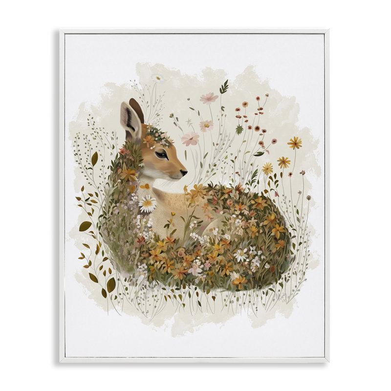«Daisy & Wildflower Fawn», estampe numérique par Fab Funky, Giclée encadrée blanc bord de mer, H 30 po x l 24 po