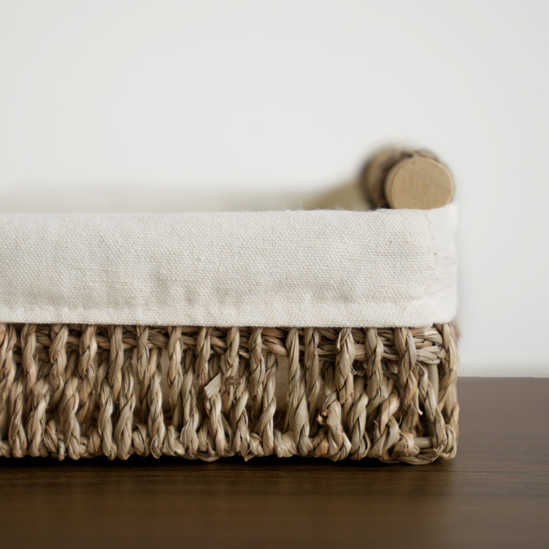 Wicker Storage Basket with Liner and Wood Handle for Bathroom, Living Room, Seagrass, Light Gray