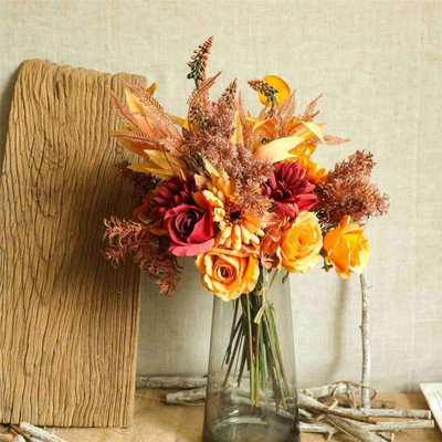 Fleurs artificielles artificielles, arrangements floraux en soie, bouquets de mariage, décorations, centres de table floraux en plastique pour la maison, décoration de fête de jardin (rouge d'automne)