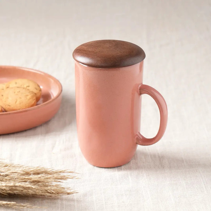 Mug | 13.5 OZ Ceramic Peach Coffee Mug with Wooden Lid