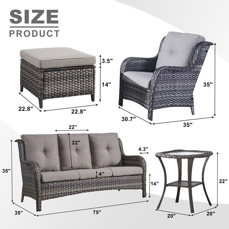 Ensemble de conversation avec canapé en rotin 7 pièces avec coussins Bonia, gris, gris