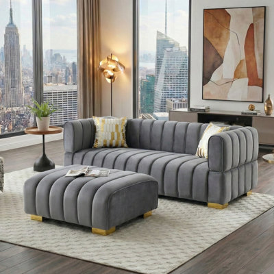 Luna, Channel-Back Velvet Sofa with Ottoman