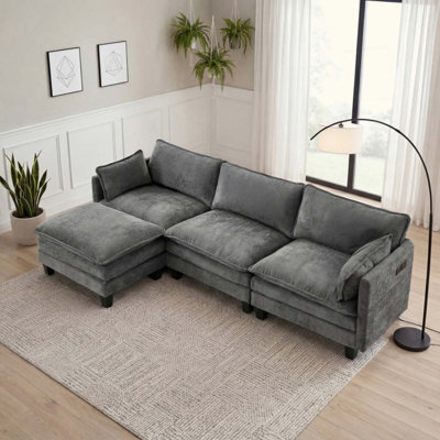 Modern Chenille Sofa Set, 3-Seat Couch with Individual Matching Ottoman, Modular Living Room Furniture with Built-in USB Ports and Side Pockets.