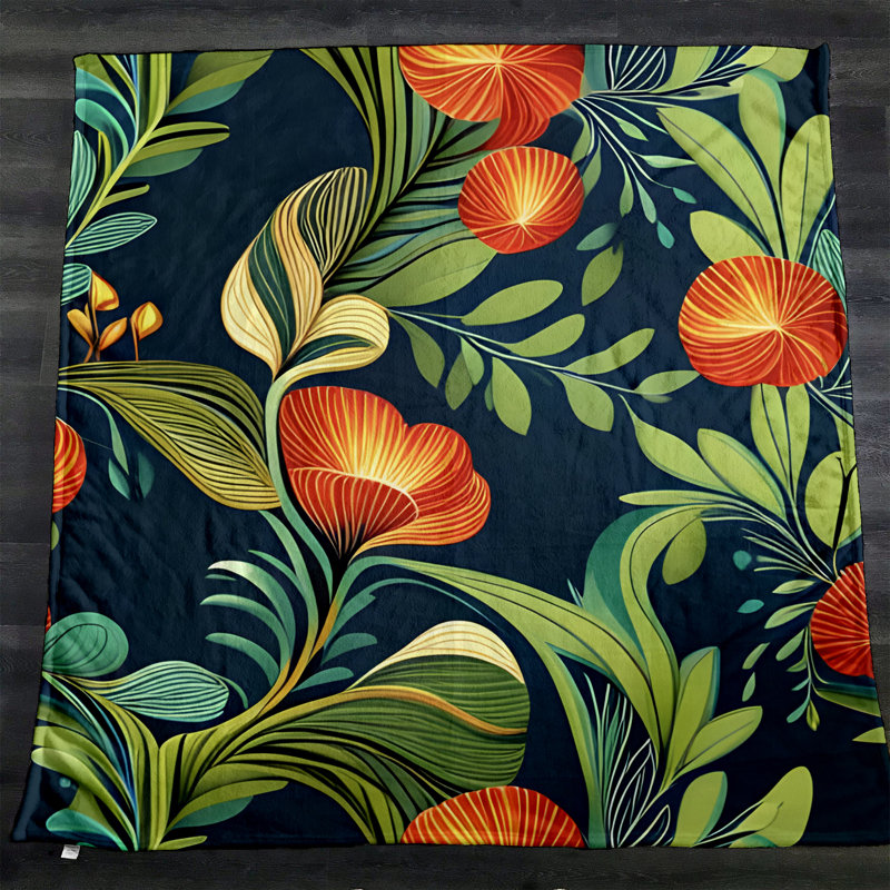 Throw Blanket, 68" W x 80" L, Floral/Abstract, Green/Orange/Blue