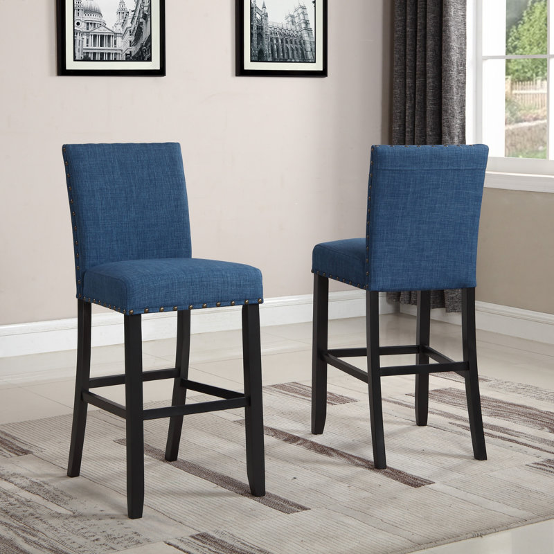 Fabric Bar Stools With Nailhead Trim Set Of 2, Blue