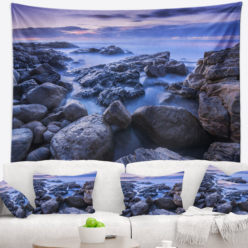 Tapisserie seascape rocky en mer au matin, H 32 po x l 39 po