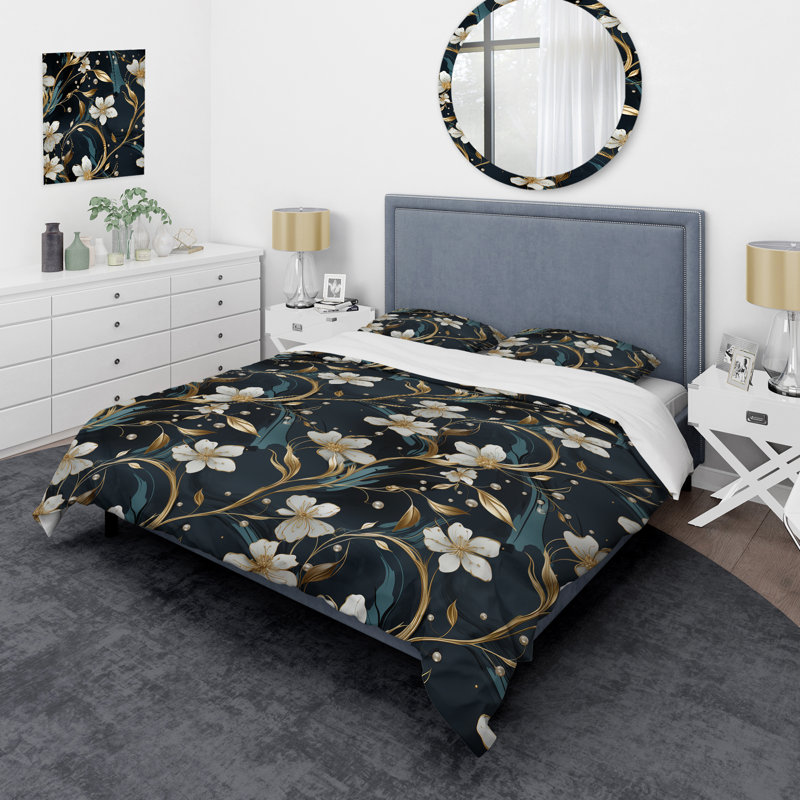 Ensemble de housse de couette à motif floral riche en émeraude et or, Housse de couette simple + 1 taie décorative stan