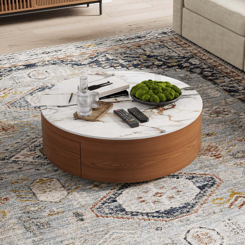  Drum Coffee Table, Sintered Stone Top, 2 Solid Wood Drawers, Fully-Assembled, 14.17" H x 39.37" W x 39.37" D, Brown