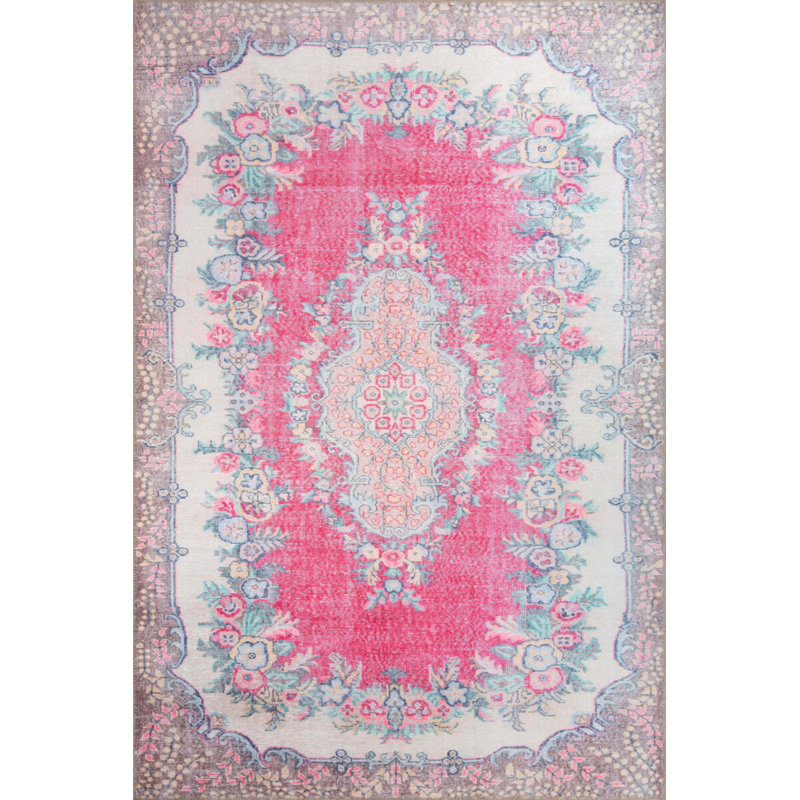 Tapis floral rose à motif tissé rétro, Rectangle 9 pi 11 po x 13 pi 2 po