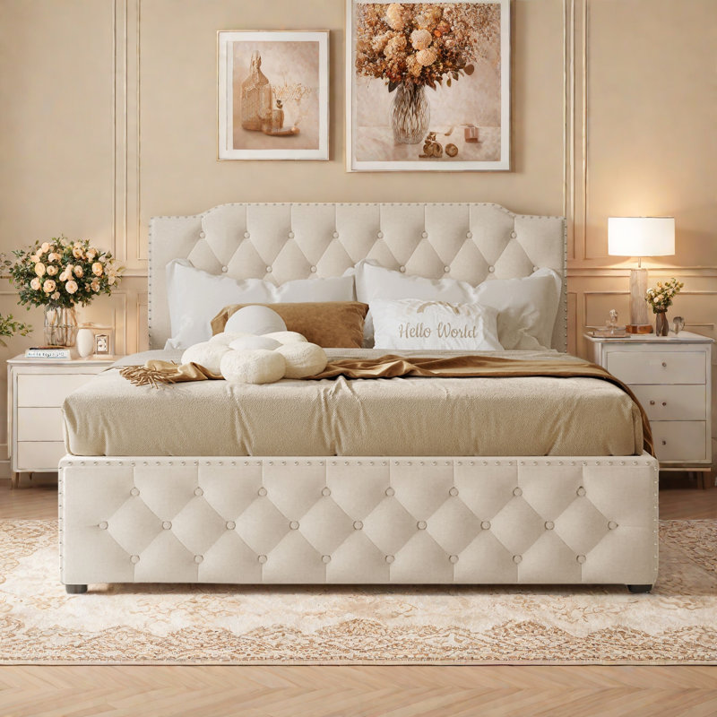 Élégant lit plateforme tapissier avec lit gigogne, 2 ensembles de ports USB de chaque côté et conception capitonnée , Beige