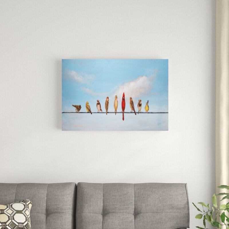 «Sweet Birds on a Wire I» par Sandra Iafrate - peinture sur toile tendue, H 20 po x l 30 po